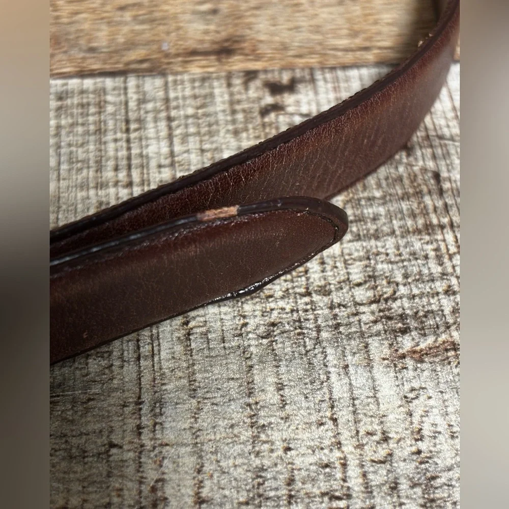 VTG Fossil Belt Womens Large Brown Leather 2-Tone Silver Brass Buckle Band